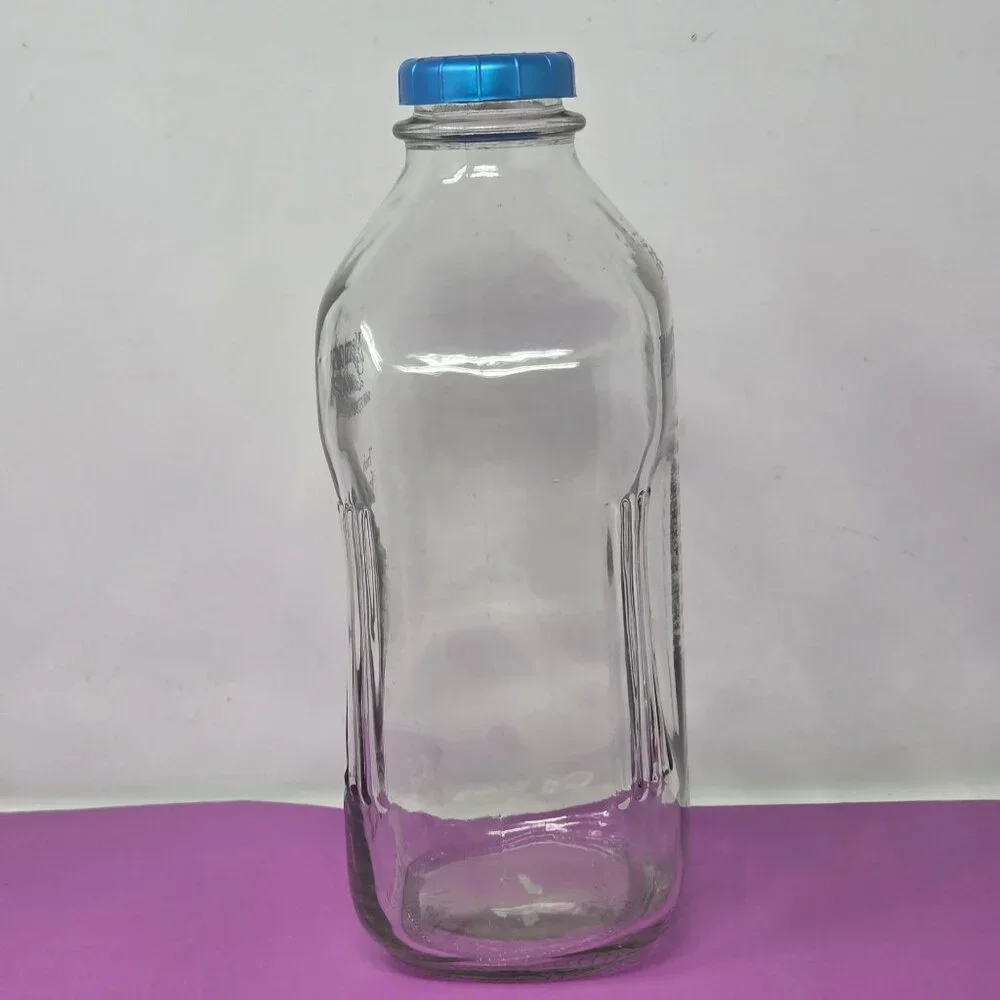 Clear Glass Milk Bottle W/ Blue Cap Memory Lane Dairy Store 64 Oz Stanpac Design
